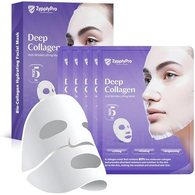 ZypplyPro قناع الوجه بالكولاجين العميق 5 عبوات، قناع الوجه المرطب البيوكولاجين للعناية ببشرة النساء، قناع ورقي كوري مضاد للتجاعيد للاستخدام الليلي بوزن جزيئي منخفض لرفع وشد وترطيب البشرة، 28 جرام × 4 عبوات - Image 1